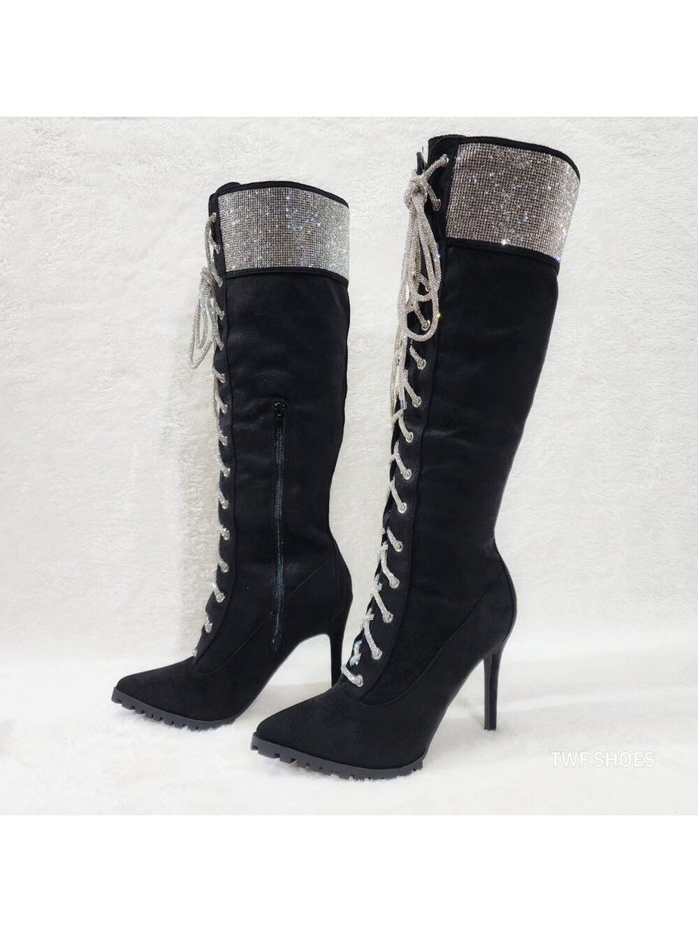 Queens FX Suede & Rhinestone Pointy Toe High Heels Stiletto Lace Up Knee Boots